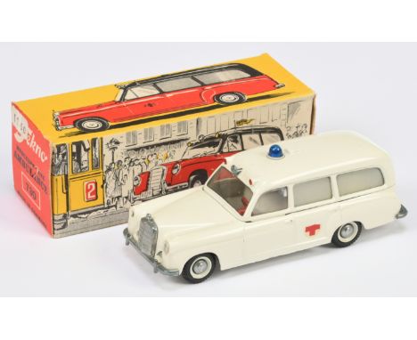 Tekno No.730 Mercedes Benz Ambulance - white body, red cross decals to sides and rear (one side decal half missing), blue roo