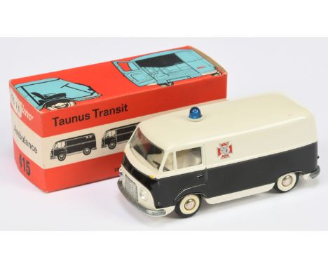 Tekno No.415 Ford Taunus FALK Van - white body, black lower body, blue roof lamp, decals to both sides and rear, complete wit