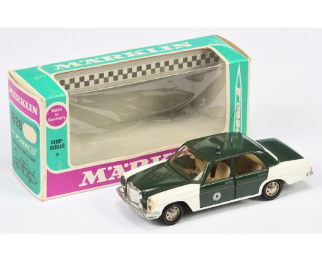 Marklin No.1828 Mercedes 250 "Polizei" - two-tone green, white, blue roof light, beige interior - Excellent in a Good window 