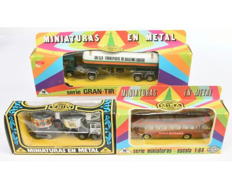 Mira, a boxed group to include, (1) Ref.89 "Mundial Tours" Bus, (2) Ref.93 Liquid Tanker and Truck (3) Ref.55 Cement Truck/Mi