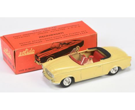 Solido (France) Peugeot 403 Cabriolet - lemon body, red interior with figure driver, black tonneau, concave hubs with black t