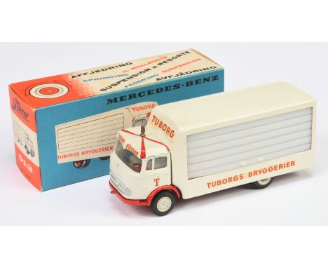 Tekno 913 Mercedes Beer Delivery Truck "Tuborgs Bryggerier" - white, red chassis and inner back, silver trim - Excellent in a