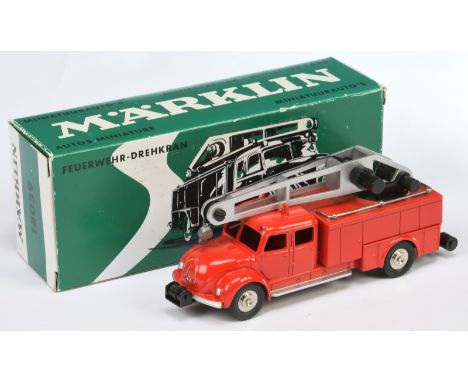 Marklin 18039 Feuerwehr-Drehkran - Red including chassis, cast hubs, grey ladder - Near Mint in a generally Good carded pictu