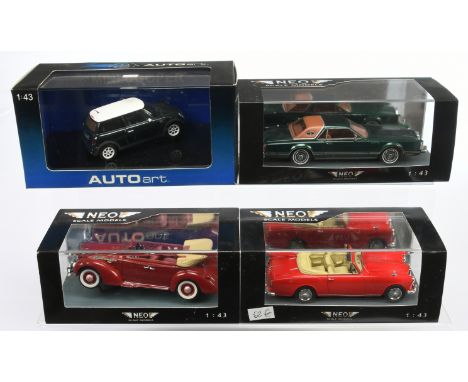 Neo and Auto-Art, a mixed boxed group to include, Neo Opel Admiral Cabrio, Lincoln Continental Mark V, Autoart Mini Cooper an