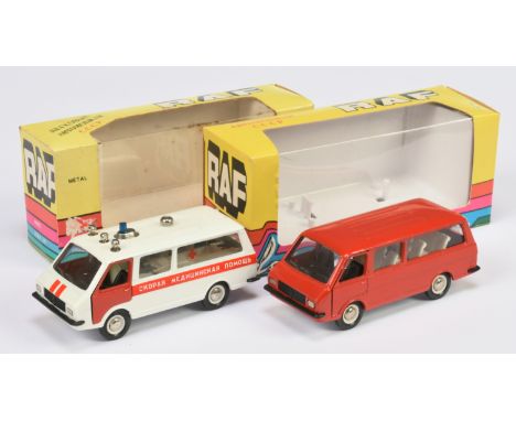 Russian Diecast 1/43rd scale pair (1) RAF 2203 Minibus - red, black &amp; ivory interior, (2) RAF 2203i Ambulance - white, re