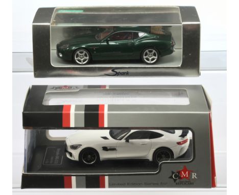 &nbsp;1/43rd scale boxed pair (1) Spark S0375 ASton Martin DB7 Zagato Coupe - metallic green with brown interior, (2) CMR SP4