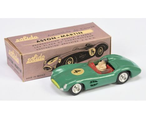 Solido (France) Aston Martin 3 litre - green body, red interior, driver figure, racing number 4, silver trim with yellow gril