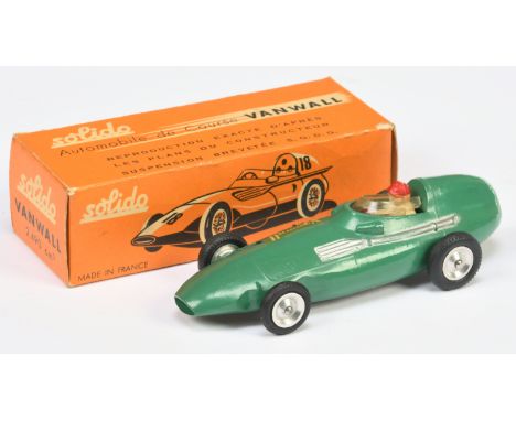 Solido (France) Vanwall Racing Car - green body, figure driver, silver trim, chrome spun hubs with black treaded tyres, racin