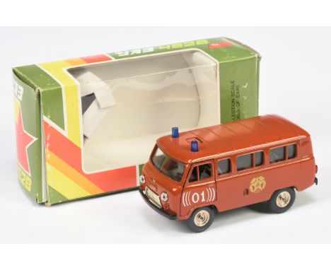 Russian Diecast 1/43rd scale GAZ 452B&nbsp; Police Minibus - orange brown body with opening side door, grey interior, blue ro