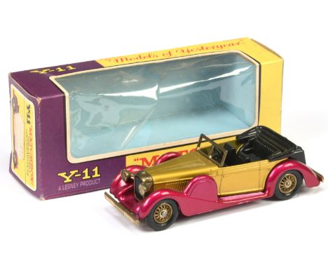 Matchbox (Model Of Yesteryear) Y-11 1938 Lagonda Drophead Coupe - gold body, strawberry chassis, gold spoked wheels, bumpers,