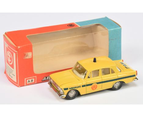Russian Diecast 1/43rd scale A8 Moskvitch 412 Military Police Car - yellow, ivory interior, blue roof light &amp; tampo print