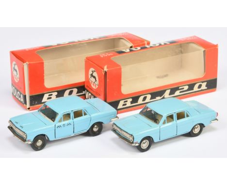 Russian Diecast 1/43rd scale pair (1) Volga Gaz 24 Saloon Car - pale blue, ivory interior, chrome trim and hubs (2) similar b