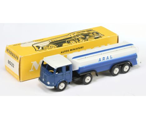 Marklin No.8032 Mercedes "Aral" Petrol Tanker - blue, white, black cab, white and blue trailer, cast spun hubs - Excellent in