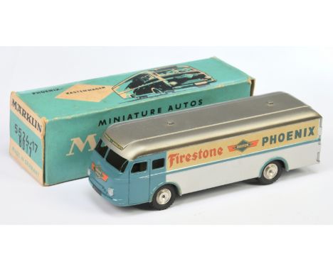 Marklin 8017 "Firestone-Phoenix" Delivery Truck, silver, greyish-blue, chrome cast spun hubs - Excellent in a Good carded pic