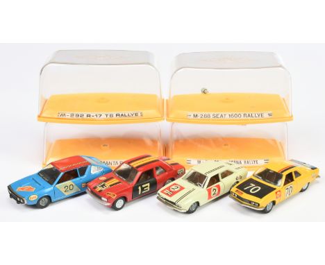 Pilen (Spain) a group of Rally Cars (1) M286 Opel Manta (2) M288 Seat 1600 -5 (3) M292 Renault R-17 TS Rallye (4) M277 Opel A
