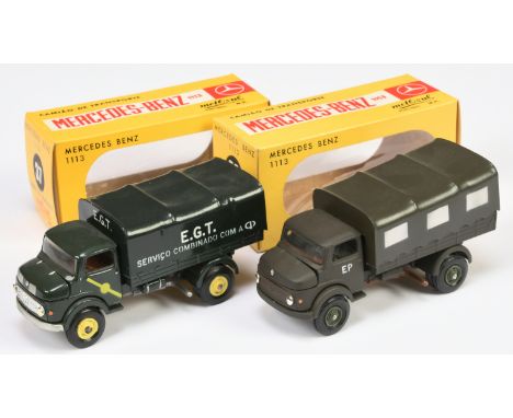 Metosul a mixed boxed pair of Trucks to include (1) Metosul 37 Mercedes Benz 1113 "E.G.T" Covered Wagon - very dark green inc