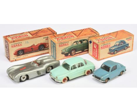 Norev (France) a mixed group of vehicles to include, (1) Renault Dauphine in Light Blue (2) Vespa 400 in Blue (3) Mercedes-Be