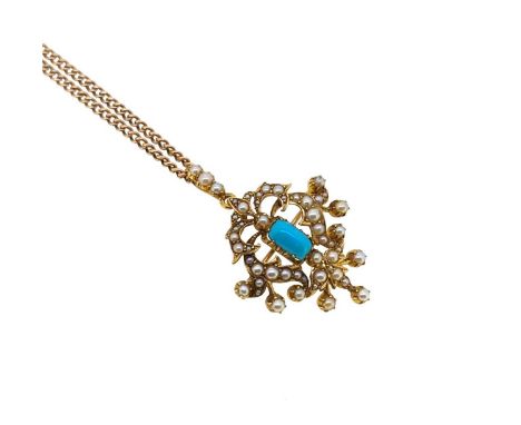 A turquoise and split pearl pendant/brooch and chain, openwork foliate and scroll pendant/brooch with a central claw set rect