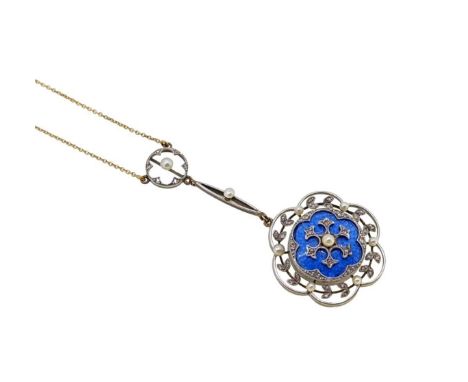 An Edwardian enamel, pearl and diamond necklace, floral style pendant section with blue guilloché enamel, surmounted by a cen