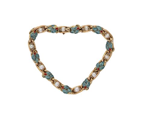 A pearl and enamel bracelet, curb style links, set with ten pearls, each one spaced by red and green enamel foliate decoratio