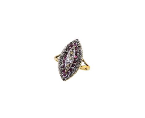 A Victorian diamond and ruby cluster ring, a central row of five old mine cut diamonds, surrounded by a border of round facet