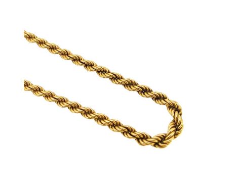 An 18ct gold rope chain, graduated smooth and supple rope links, length 45cm, width from 3.1 to 5.8mm, bolt ring clasp, impor