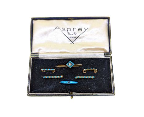 A group of turquoise and pearl brooches, a bar brooch with a central lozenge, set with an old mine cut diamond, estimated app