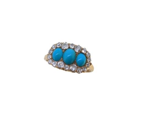 A turquoise and diamond cluster ring, three oval cabochon turquoise, surrounded by a border of old brilliant cut diamonds, es