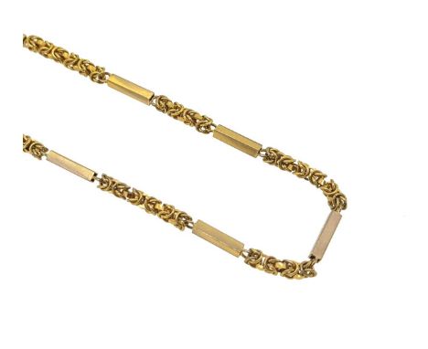 A late 20th century 9ct gold chain, alternate plain polished bar and byzantine links, bolt ring clasp, length 83cm, width 3.5