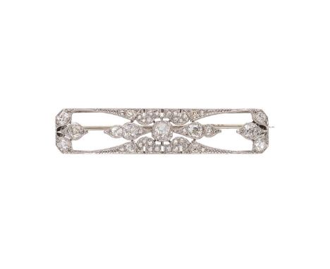 An Art Deco diamond brooch, central old mine cut diamond, approximately 4.9 x 4.5 x 2.2mm, estimated approximate weight 0.33c