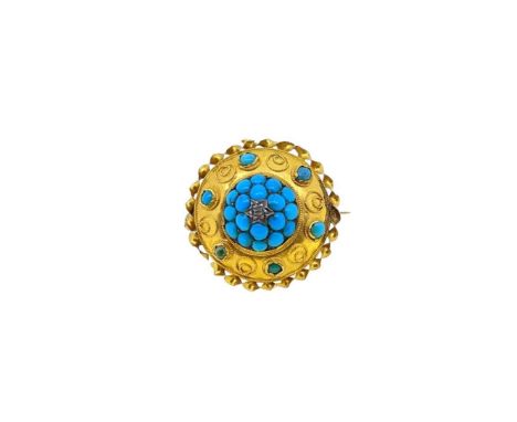 An Etruscan style turquoise memorial brooch, central domed cluster of turquoise, set with a single rose cut diamond, surround