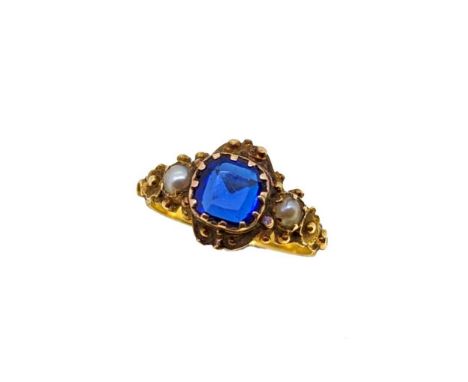 A synthetic sapphire and split pearl ring,cushion shaped synthetic sapphire, approximately 6.4 x 6mm, estimated approximate w