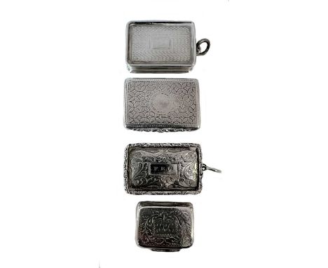 A group of four William IV silver miniature vinaigrettes, each Birmingham marked, of rectangular form with gilded interior an