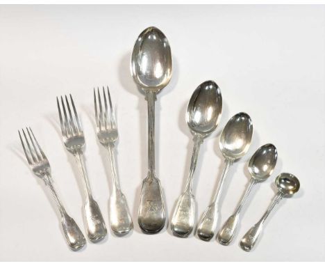 A 33-piece set of Victorian silver flatware, mark of Hunt & Roskell with 23 additions,  London 1871/2, 'Fiddle & Thread' patt