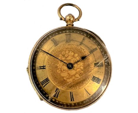 Unsigned - A mid 19th century Swiss 18ct gold open faced pocket watch, circa 1870, the engine turned dial with floral inner, 