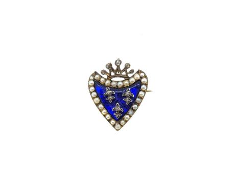 A Georgian pearl, diamond and enamel brooch, in the form of a shield, with a blue enamel centre and applied diamond set fleur
