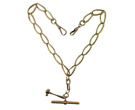 An 18ct gold watch chain with attachment, the long twisted fetter links, 10mm diameter, each with part marks, terminating at 