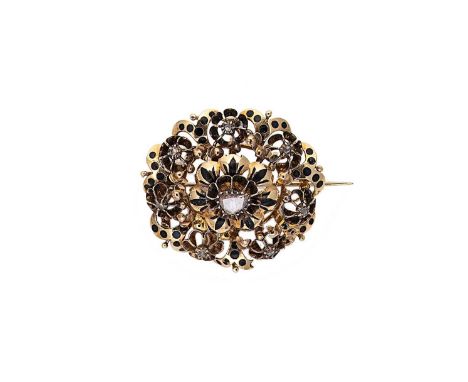 A late 19th century diamond and enamel brooch, openwork floral design with a central rose cut diamond, approximately 5.9 x 4.