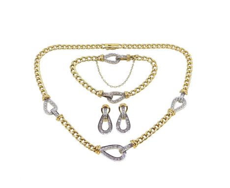 A necklace, bracelet and ear pendant suite, the first; a curb link chain with three pear shaped sections each set with eight 