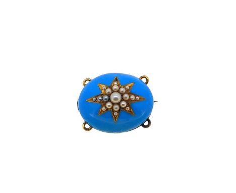 A blue enamel and split pearl brooch, domed oval panel with a central applied yellow metal star set with graduated split pear