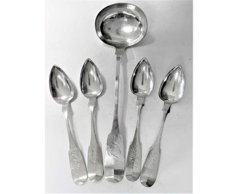 An American metalwares mid 19th century soup ladle and four tablespoons, mark of John Bishop, Wheeling, West Virginia, circa 