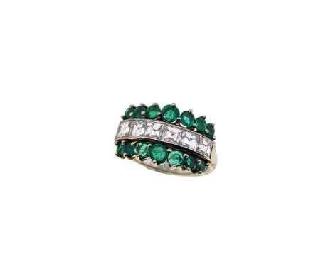 An emerald and diamond half hoop ring, central row of six channel set square step cut diamonds, estimated approximate total d