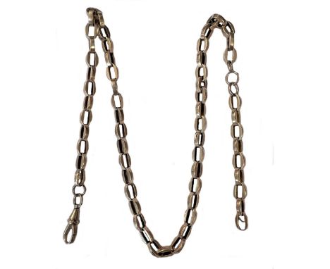 A rose coloured watch chain, stamped 9.C, uniform oval belcher style links, 6mm wide, the end link with an attached plaque ma