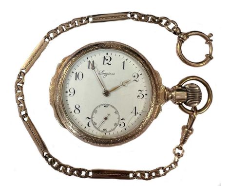 Longines - An open faced side winding pocket watch and chain, circa 1901, the signed white dial, 45mm diameter, with black Ar