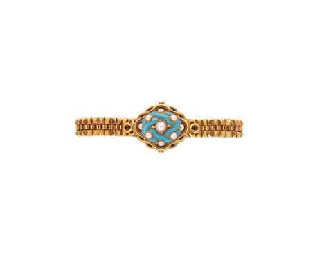 A Victorian pearl and enamel bracelet, central oval shaped panel with scroll detail, set with nine pearls and decorated with 