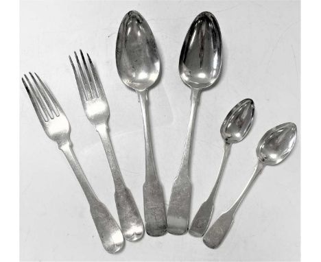 Dublin - A 19-piece harlequin set of 18th century and later silver flatware, 'Fiddle' pattern, crested, comprising 6 table fo