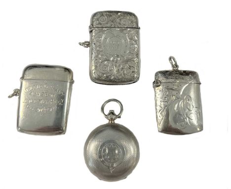 A trio of silver vesta cases together with a Victorian silver sovereign case, all the vestas of rectangular form and Birmingh