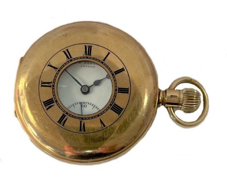 J.W. Benson, London - A 9ct gold half hunter pocket watch, circa 1932, spring-loaded outer cover hinged at 9 o'clock with blu