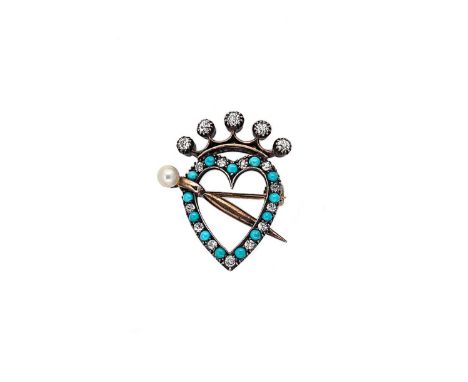 A turquoise, pearl and diamond crowned heart brooch, the heart set with alternate turquoise and old brilliant cut diamonds, w