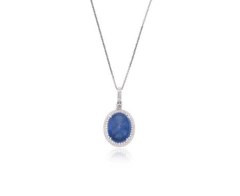 A sapphire and diamond pendant and chain, claw set oval cabochon sapphire, 17.1 x 13.3mm, surrounded by a triple row of pavé 